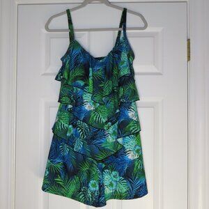 Fit 4 u V-tiered Ruffle One Piece Romper over Swimsuit Blue Palm Print size 10